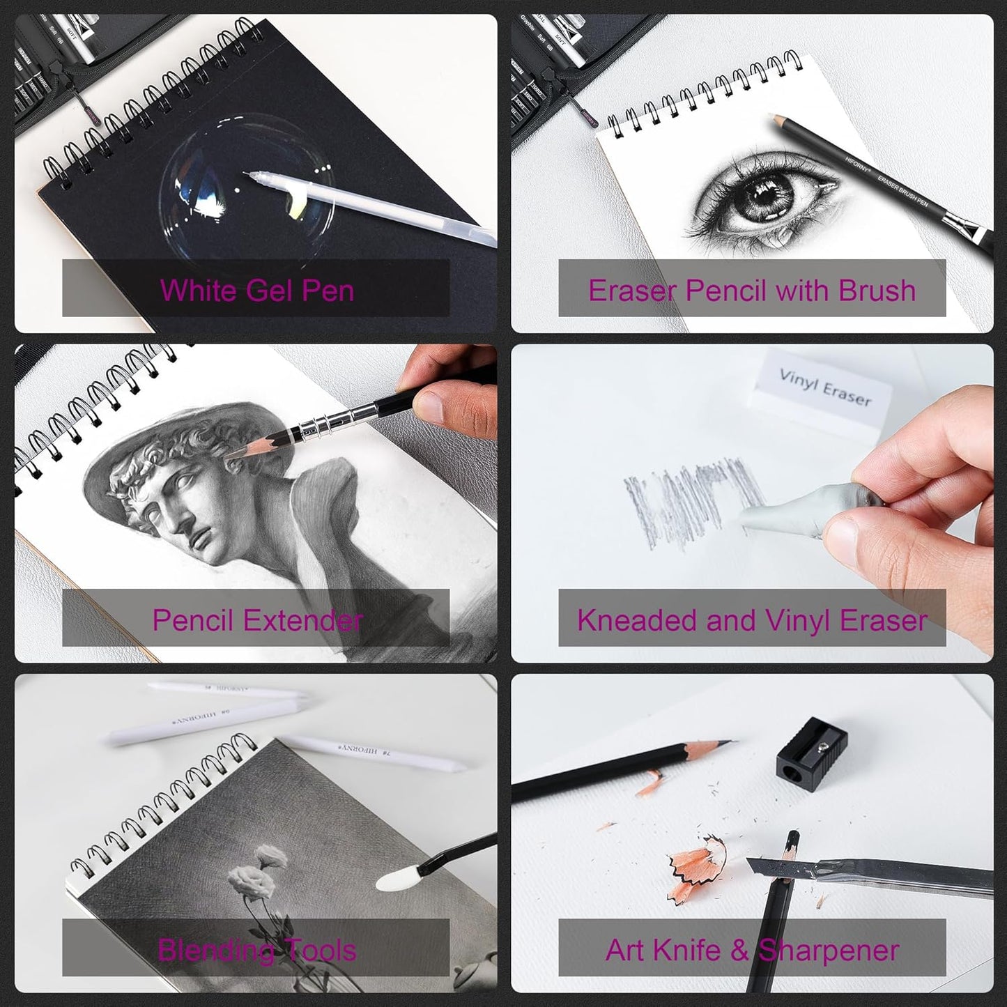 HIFORNY 58 PCS Drawing Kit Sketching Pencil Set,Sketch Pencils Art Supplies with 3-Color Sketchbook,Graphite,Charcoal,Blending Tools,Drawing Pencils for Adults Artists