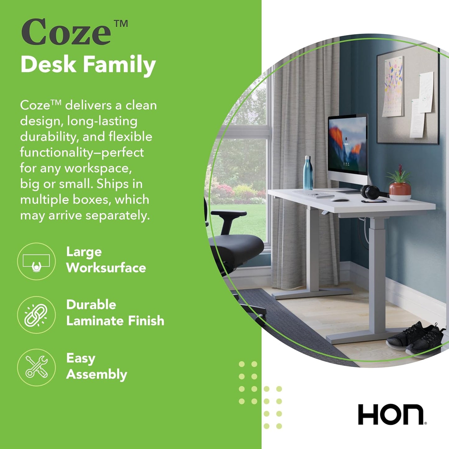 HON Coze Electric Standing Desk Adjustable Height, Coordinate Height Adjustable Desk, 54", White Top, Silver Base