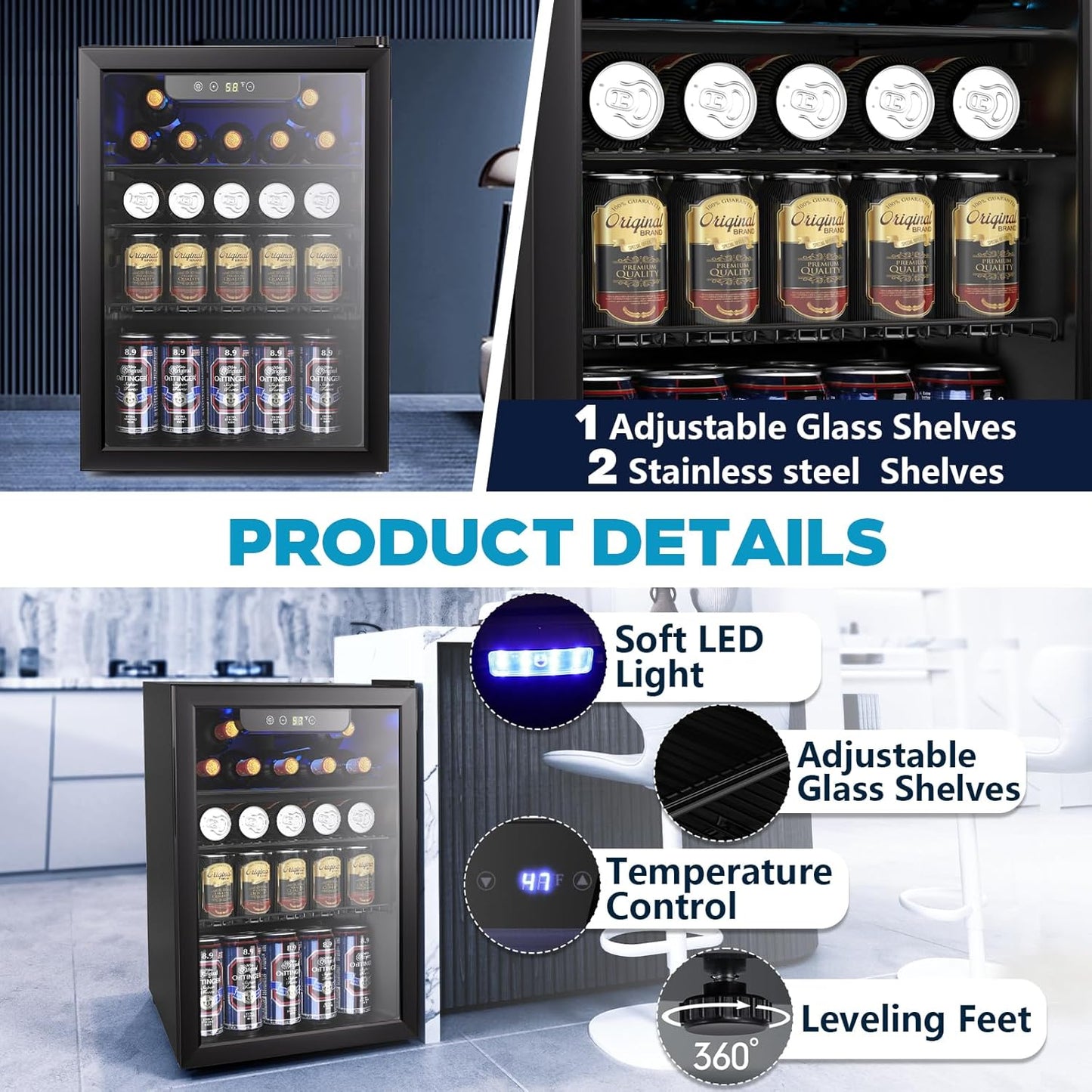 2.6 Cu.ft Beverage Refrigerator Cooler, 95 Can Mini Fridge Glass Door with Adjustable Shelves, Digital Temperature Display, Freestanding Small Drink Fridge for Home, Office or Bar(Black)
