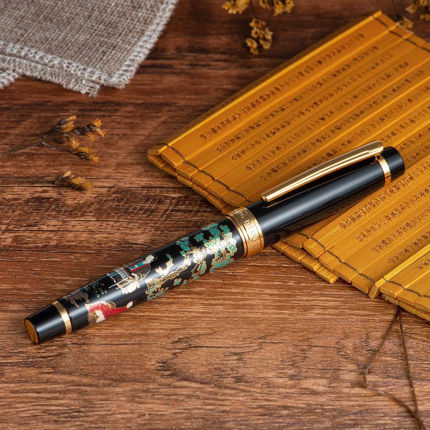 Hongdian 231 Chinese Classical Fountain Pen, Iridum Fine Gold Nib with Chinese Painting Design, Smooth Writing Pen with Ink Converter and Metal Pen Box Set