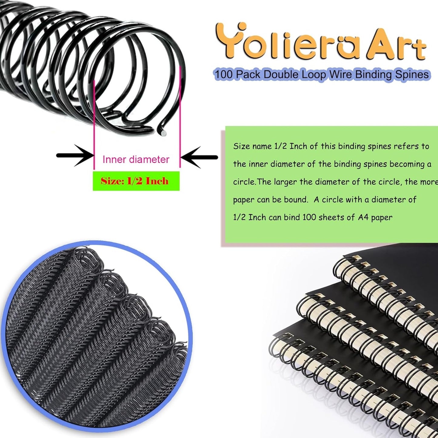 1/2 Inch Wire Cinch Book Binding Silver 3:1 Pitch, 100 Pack Double Loop Metal Spiral for Bindings Fit for School Office Notebook Maker, YolieraArt Office Products Binding Combs 100 Sheet Capacity