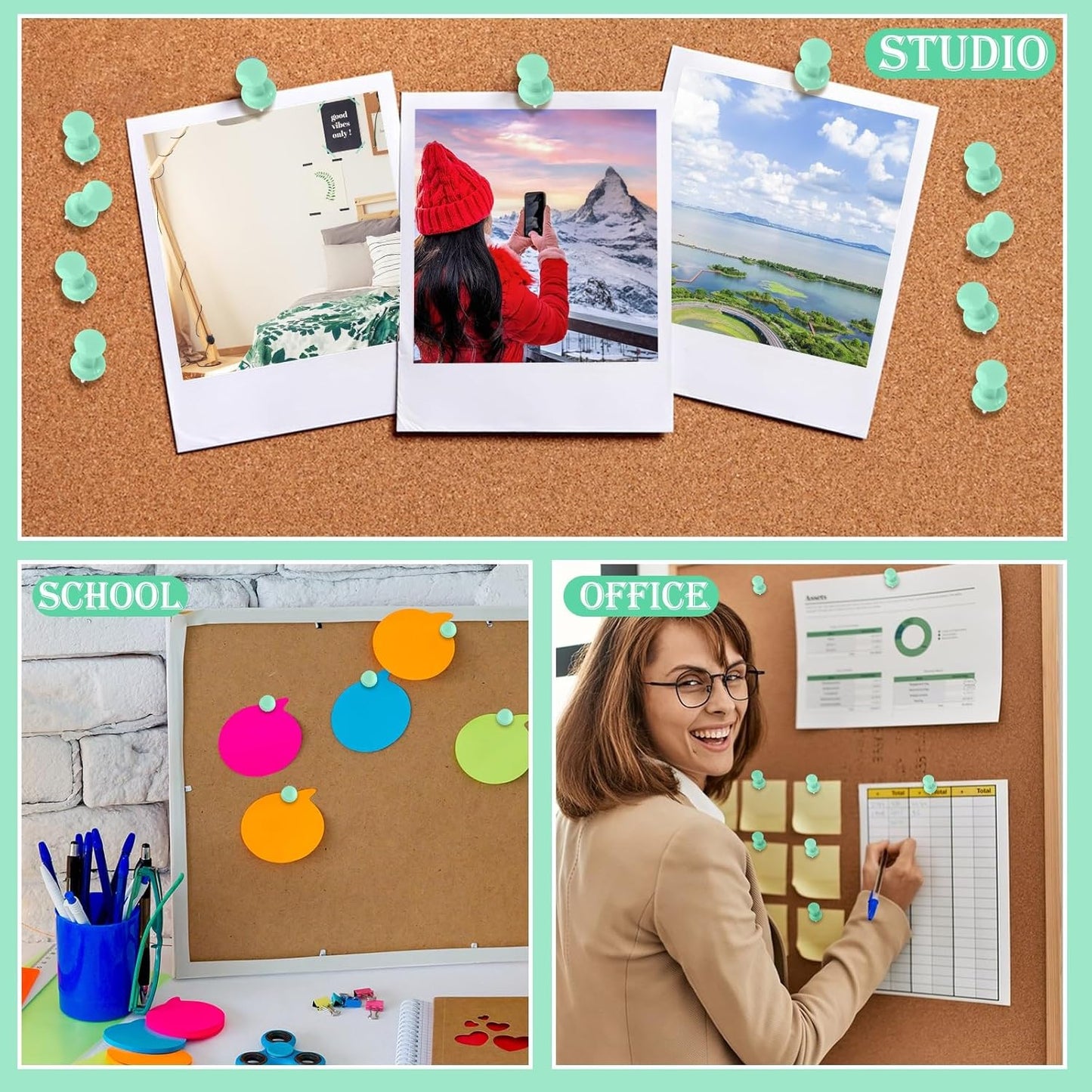 220 Count Green Push Pins, Standard Plastic Head Steel Point Thumb Tacks Decorative Push Pins for Cork Board Wall Hanging