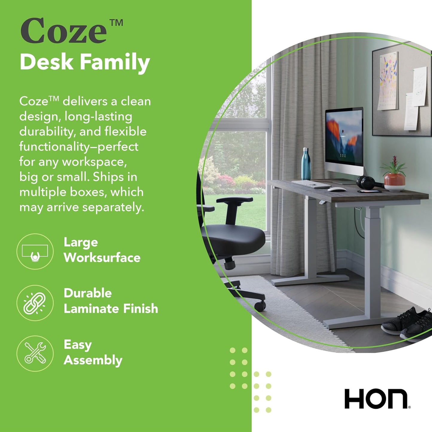 HON Coze Electric Standing Desk Adjustable Height, Coordinate Height Adjustable Desk, 54", Walnut Top, White Base