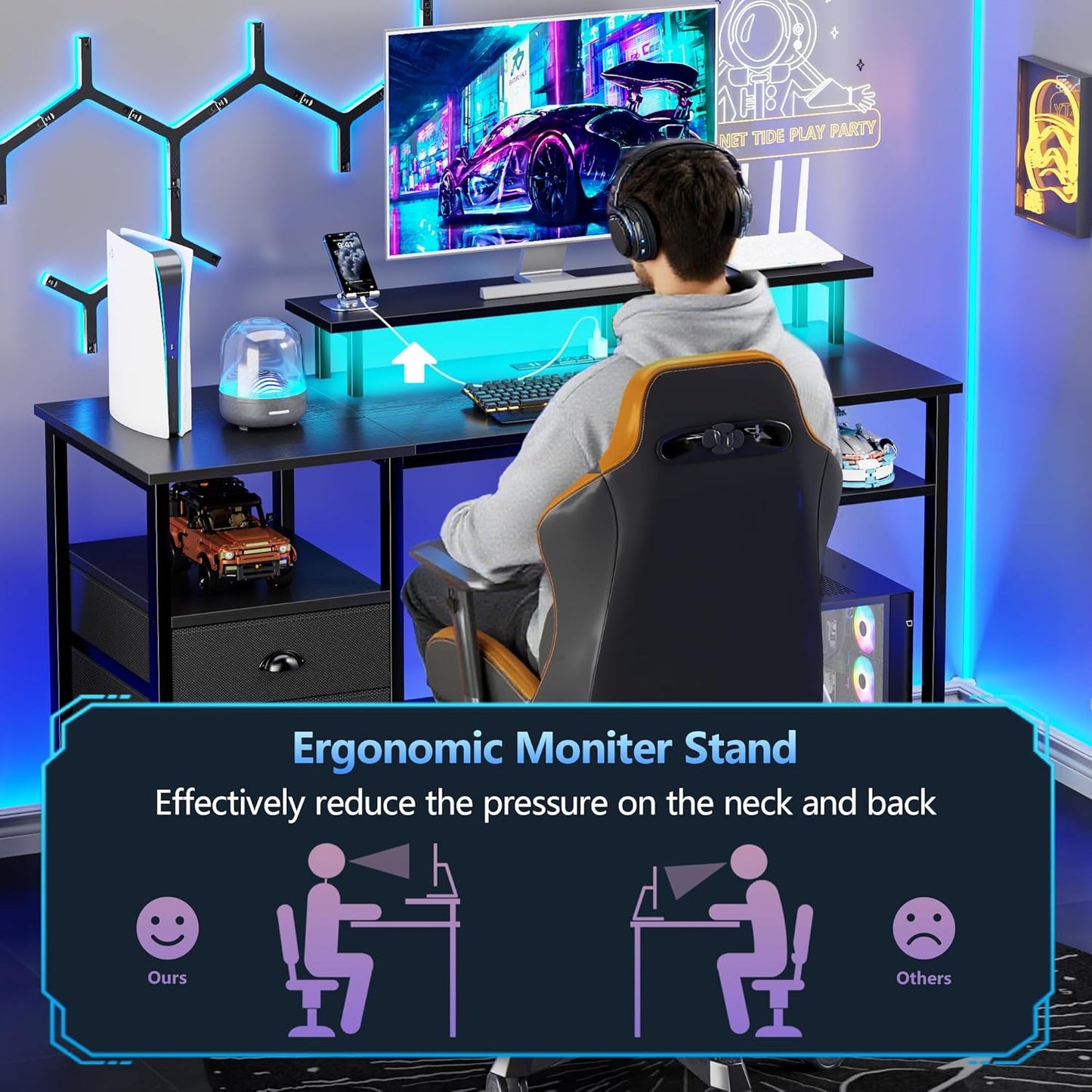 Furologee 51" Gaming Desk with Power Outlets & LED Lights, Reversible Computer Desk with File Cabinet & Monitor Stand for Home Office, Large Work Table with Storage Shelves & Drawer, Black