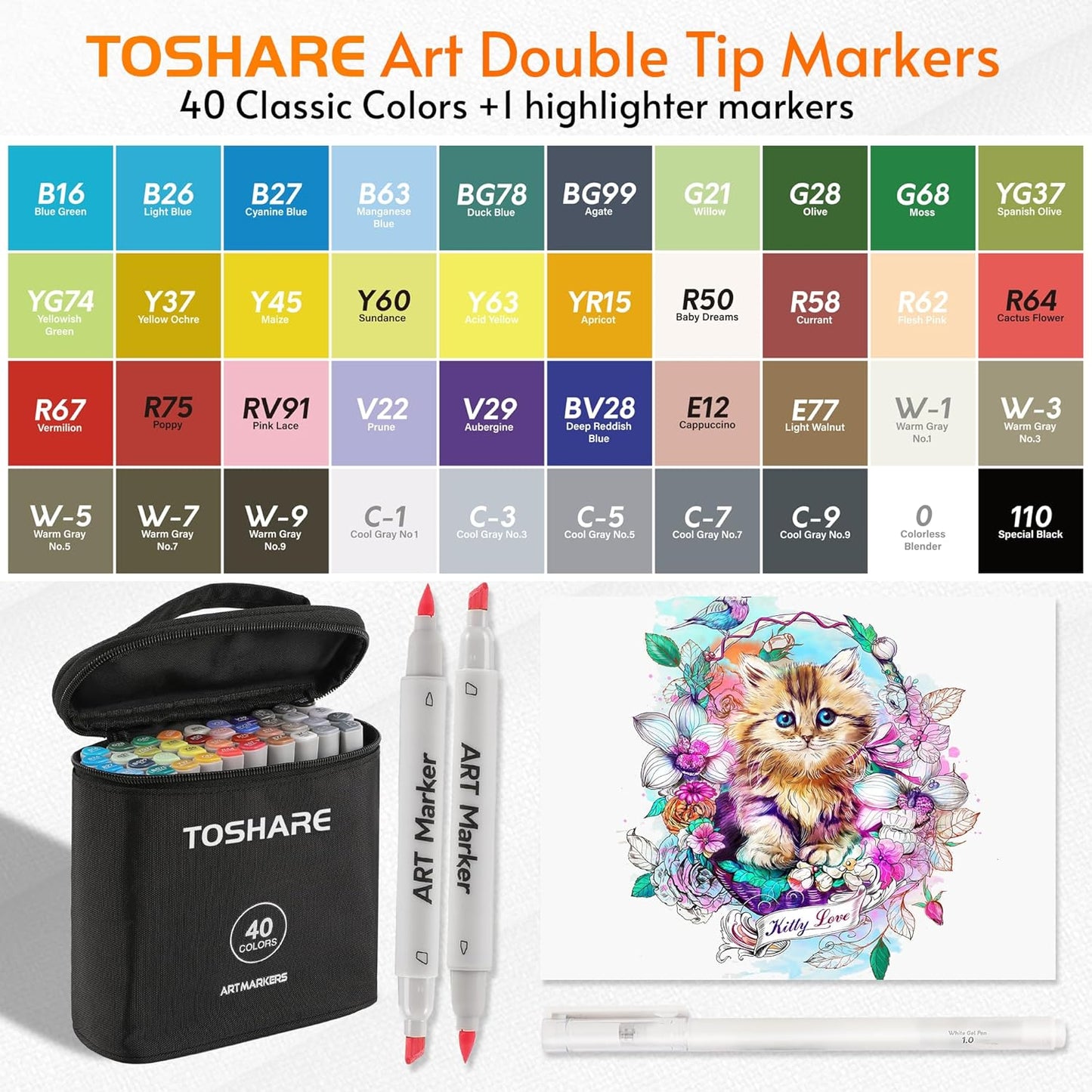 40 Colors Alcohol Markers - Double Tip Art Markers Alcohol Based Marker Brush&Chisel Nib Blender Art Pens Permanent Sketch Marker for Kids Adults Coloring and Artist Illustration