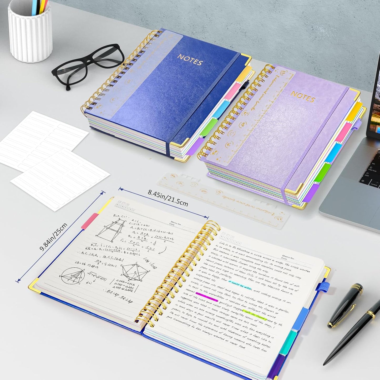 Hardcover Spiral Notebook Journal, 8"x10" Large B5 Notebooks with Removable Dividers Tabs, 300 Pages Leather 5 Subject Notebook College Ruled, Journal for Work School Note, 100 GSM Thick Paper,Blue