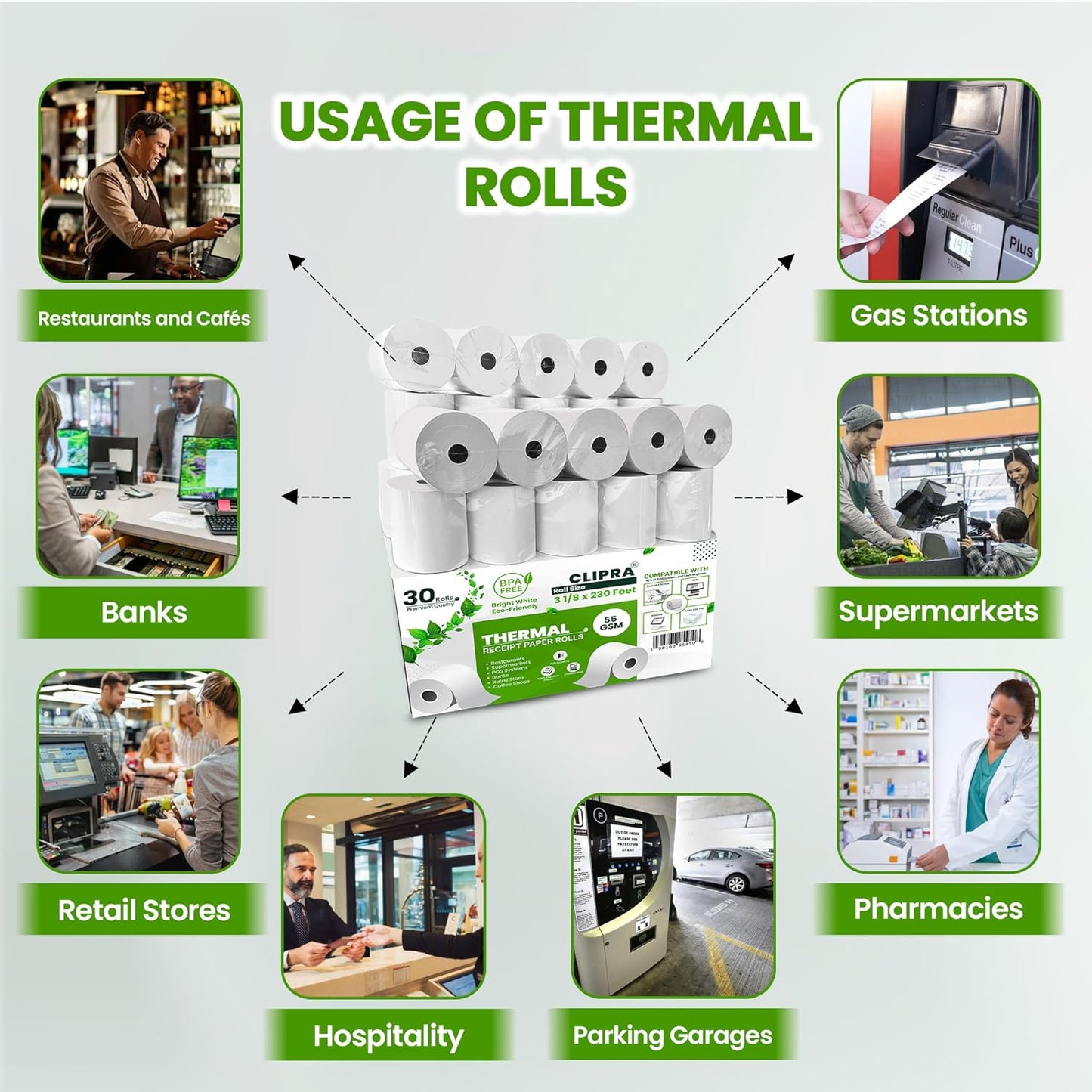 3 1/8 x 230ft Thermal Paper Receipt Rolls (30 PACK) 55 GSM - Compatible with ALL POS Systems, Cash Registers - BPA Free, Premium Quality Receipt Paper Rolls