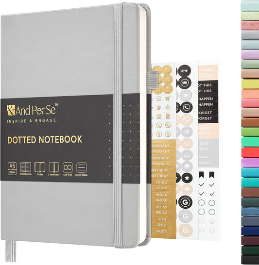 &And Per Se Dotted Journal Notebook, A5 Hardcover Leather Bullet Dotted Journal, 160 Pages 100 gsm Thick Dotted Paper,3 Sheets of Stickers Included - 5.7'' x 8''(Grey)