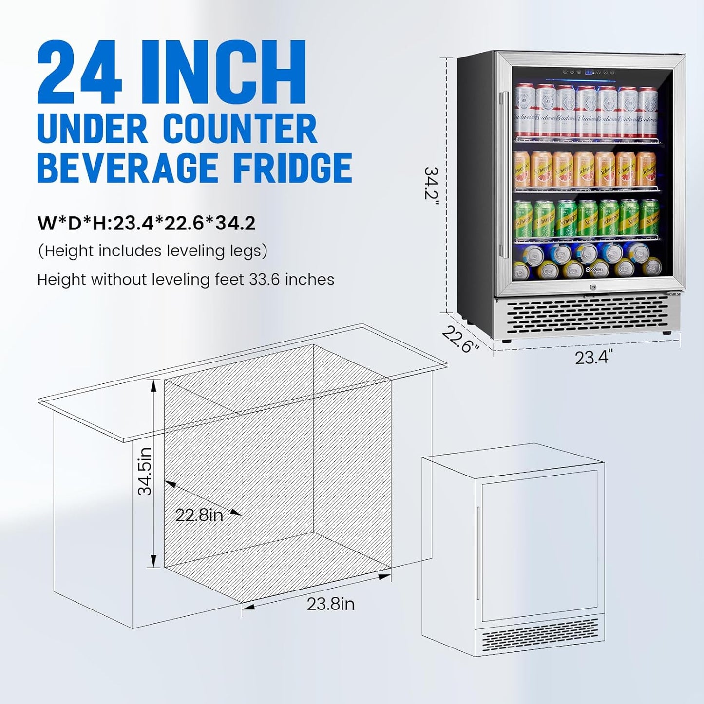 24 Inch Beverage Refrigerator Under Counter, 190 Cans Beverage Fridge Built-in/Freestanding with Double Tempered Glass, 37-64°F Low Noise Drink Fridge Perfect for Kitchen/Bar/Office(4.9 cu.ft)