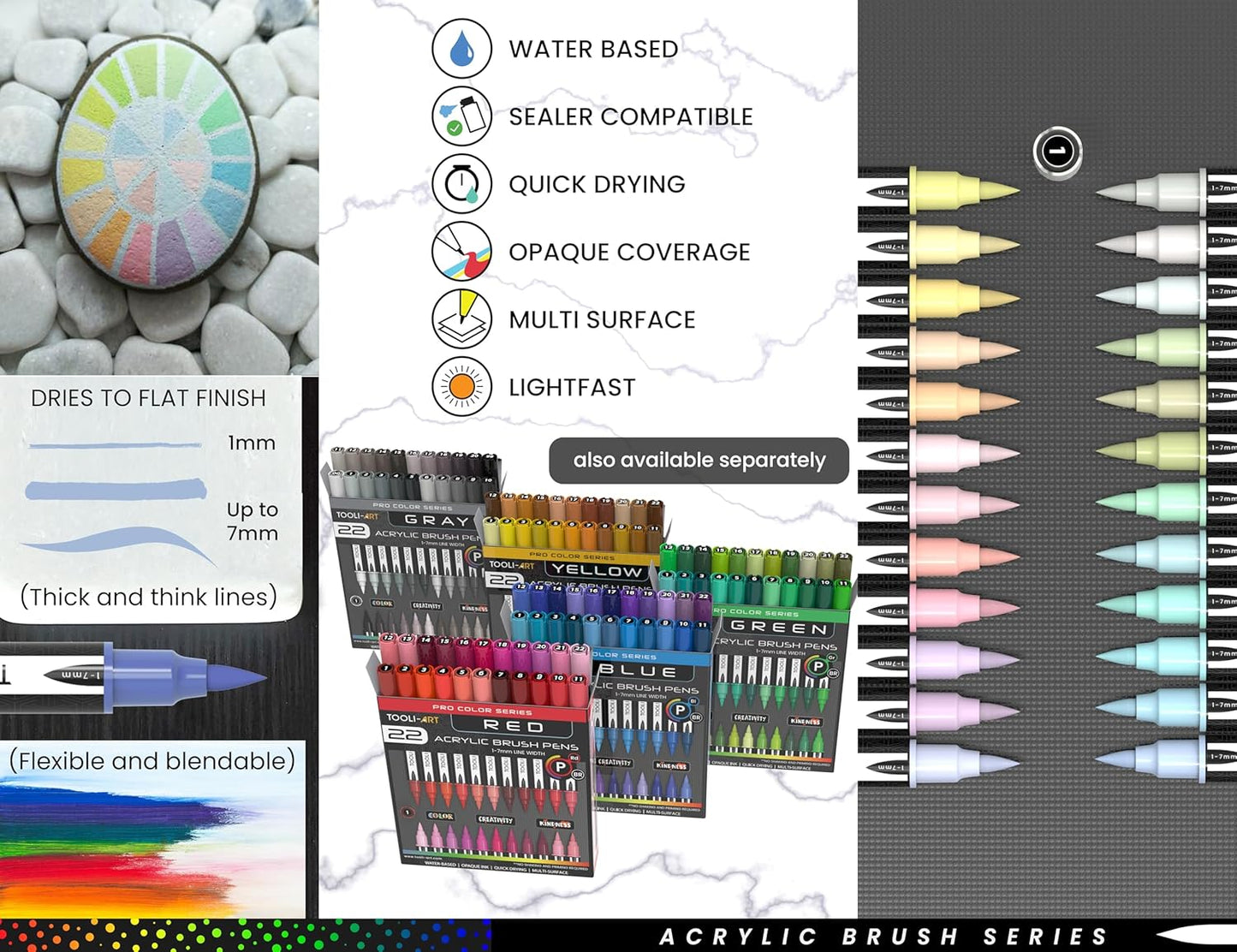24 Flexible Brush Tip Acrylic Paint Pens Markers Set 1-7mm Line for Rock Painting, Brush Lettering, Glass, Mugs, Wood, Metal, Canvas, Fabric, Plastic Non Toxic Waterbased Quick Drying Assorted Pastel