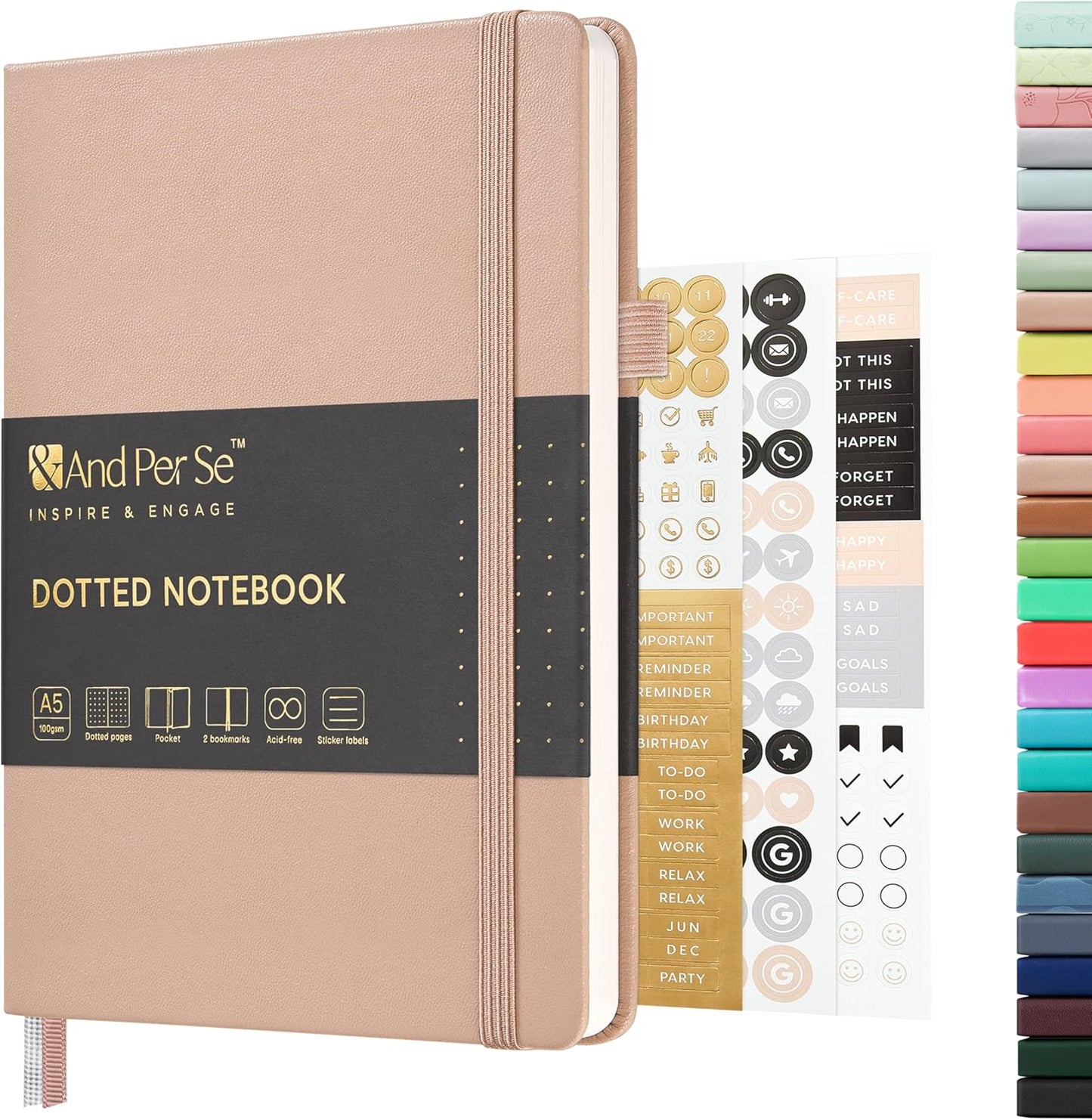 &And Per Se Dotted Journal Notebook, A5 Hardcover Leather Bullet Dotted Journal, 160 Pages 100 gsm Thick Dotted Paper,3 Sheets of Stickers Included - 5.7'' x 8''(Apricot)