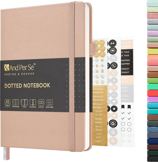 &And Per Se Dotted Journal Notebook, A5 Hardcover Leather Bullet Dotted Journal, 160 Pages 100 gsm Thick Dotted Paper,3 Sheets of Stickers Included - 5.7'' x 8''(Apricot)