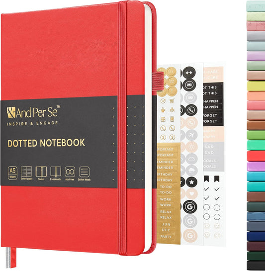 &And Per Se Dotted Journal Notebook, A5 Hardcover Bullet Dotted Journal, 160 Pages 100 gsm Thick Dotted Paper, 3 Sheets of Stickers Included - 5.7'' x 8''(Red)