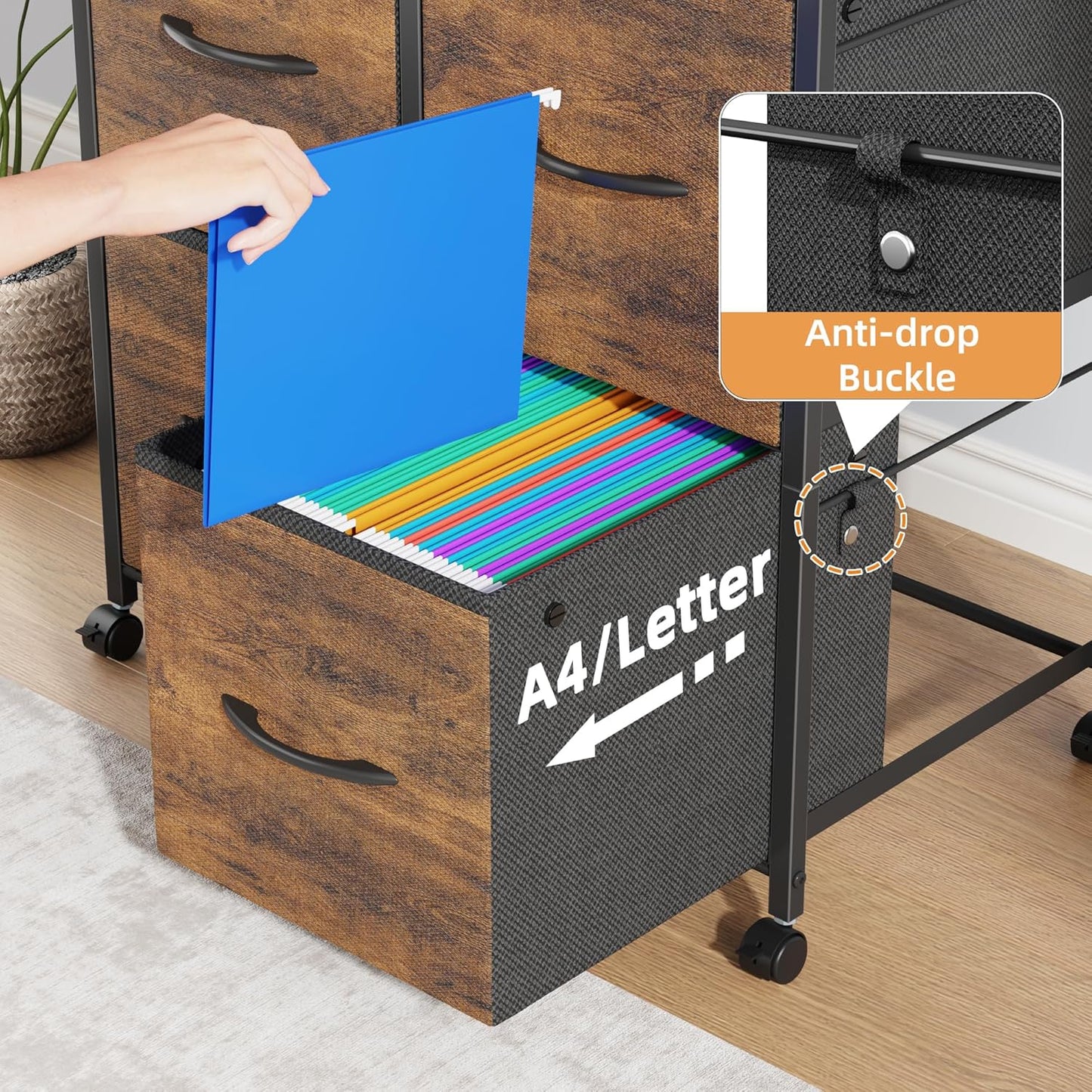 4 Drawer Lateral File Cabinet, Mobile Filing Cabinet for Large Printer, Home Office Functional Small Office Storage Cabinet & Printer Stand, Fabric Drawer, Fits Letter/A4, Rustic Brown