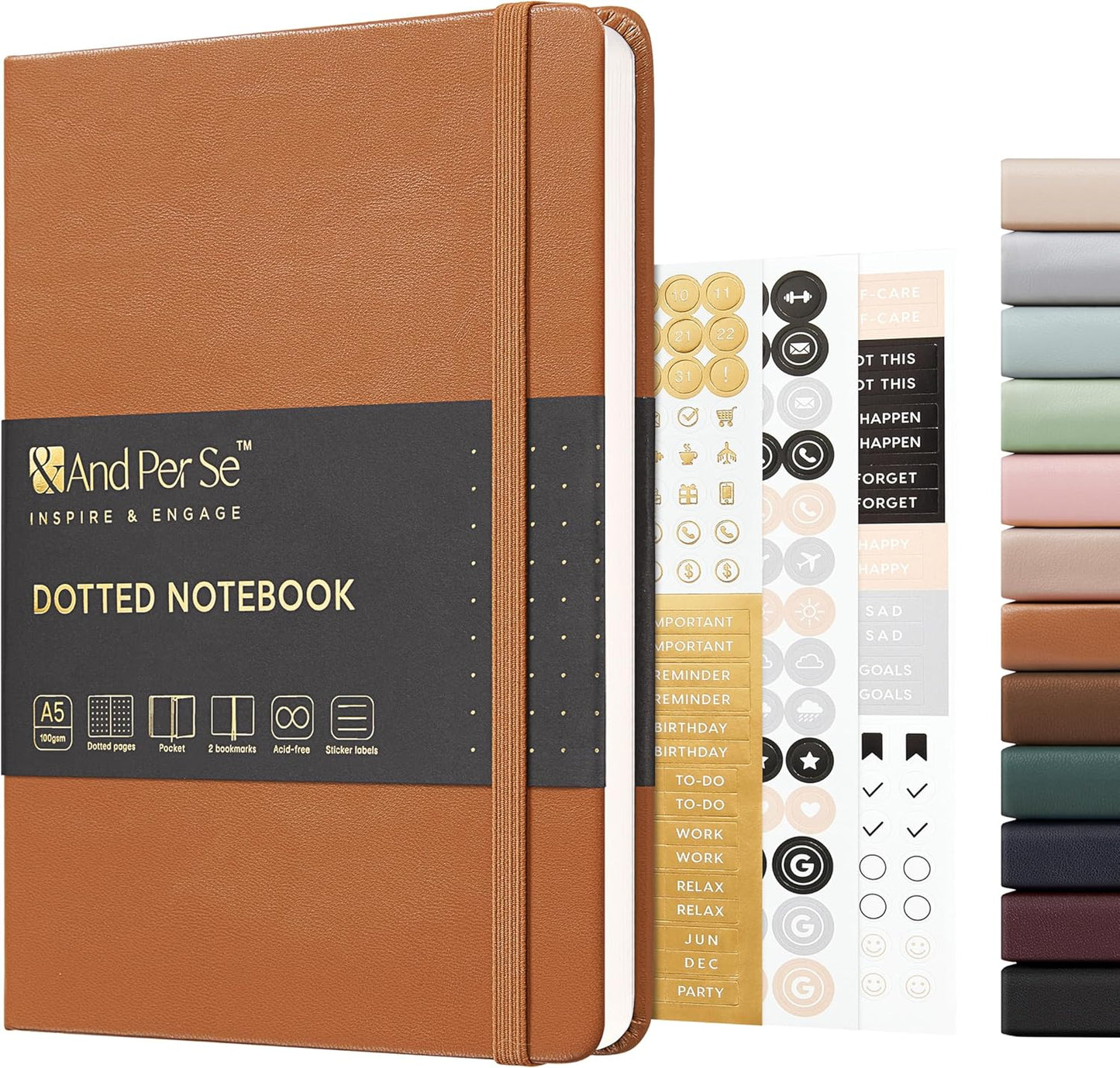 &And Per Se Dotted Journal Notebook, A5 Hardcover Leather Journal, 160 Pages 100 gsm Thick Dotted Paper,3 Sheets of Stickers Included - 5.7'' x 8''(Light Brown)