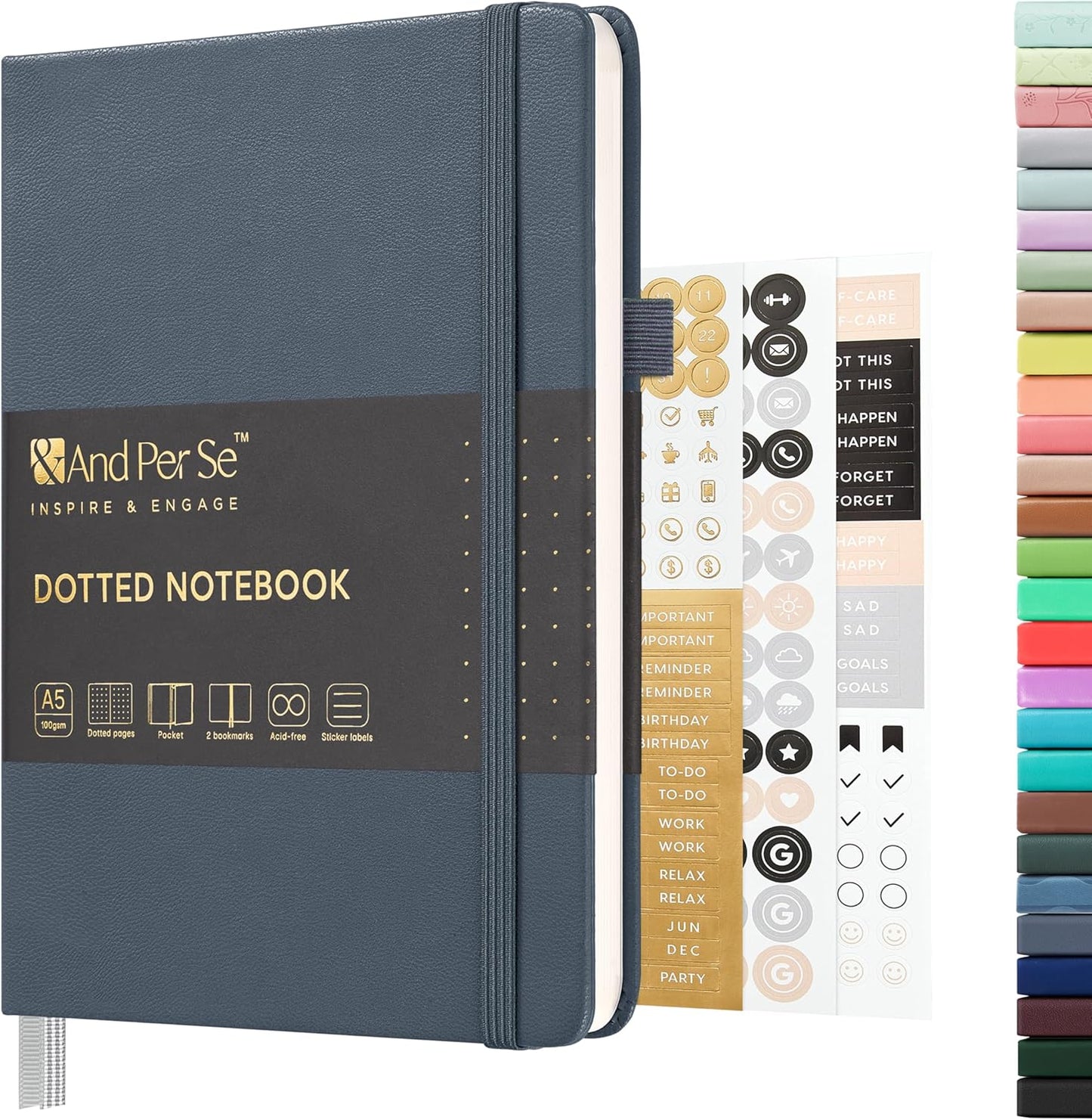 &And Per Se Dotted Journal Notebook, A5 Hardcover Bullet Dotted Journal, 160 Pages 100 gsm Thick Dotted Paper, 3 Sheets of Stickers Included - 5.7'' x 8''(Dark Blue)