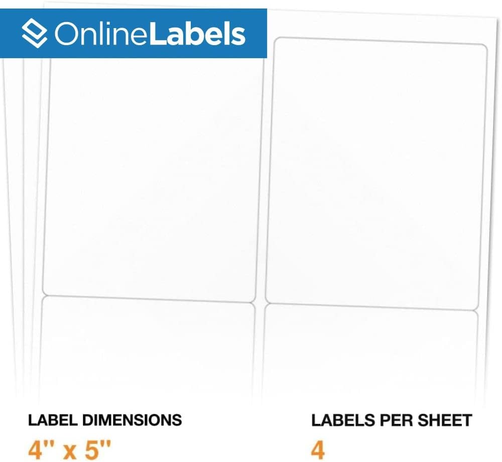 4 x 5 Rectangle Mailing Labels - Permanent, White Matte - Shipping, Wine, Product - Pack of 1,000-250 Sheets - Inkjet/Laser Printers - Online Labels