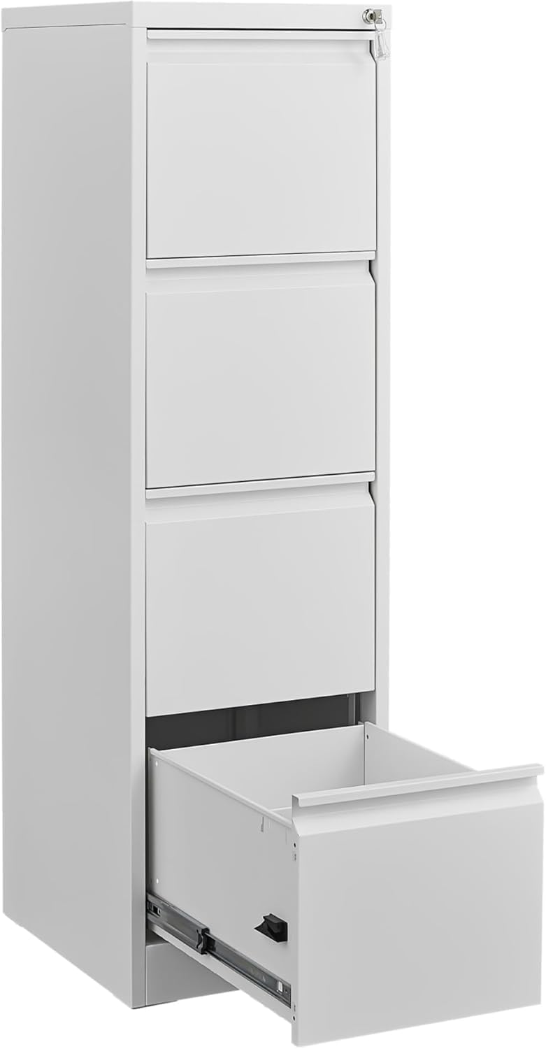 4 Drawer File Cabinet with Lock, Vertical File Cabinets for Home Office, Metal Filing Cabinets, Heavy Duty Steel Lockable Filing Storage Cabinet for Letter/Legal/A4/F4 Size Files, White
