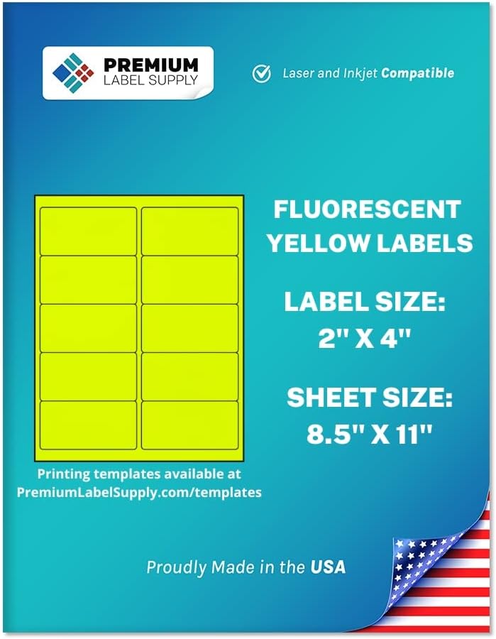 Premium Label Supply Bright Neon Color Fluorescent Stickers - 2" x 4" Labels - (Yellow Fluorescent, 250 Labels)