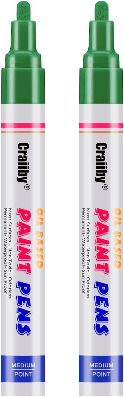 Green Paint Markers, 2 Pack Oil-Based Waterproof Quick Dry Permanent Paint Pen Set for Rocks Painting, Wood, Fabric, Plastic, Canvas, Glass, Mugs, Metal, Tire, Stone, DIY Craft