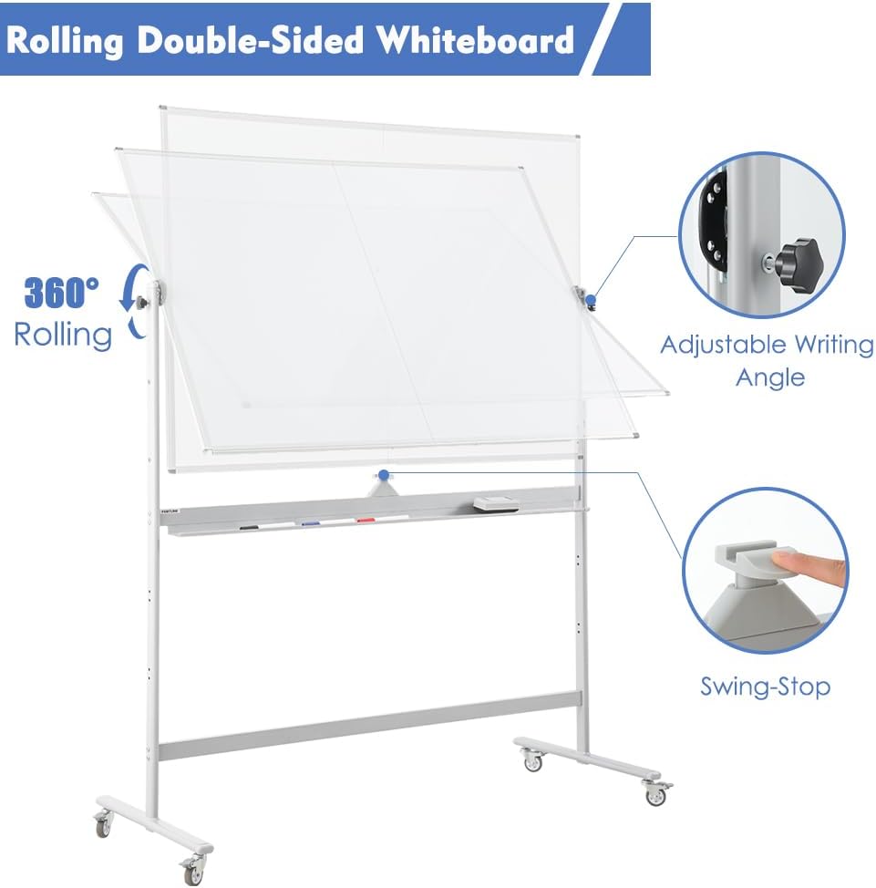 FORTUNO Large Magnetic Mobile Whiteboard 72"x40", Rolling Double Sided Stand Whiteboard on Wheels, Reversible Adjustable Height/Angle Dry Erase Board Easel White Board for Office Classroom