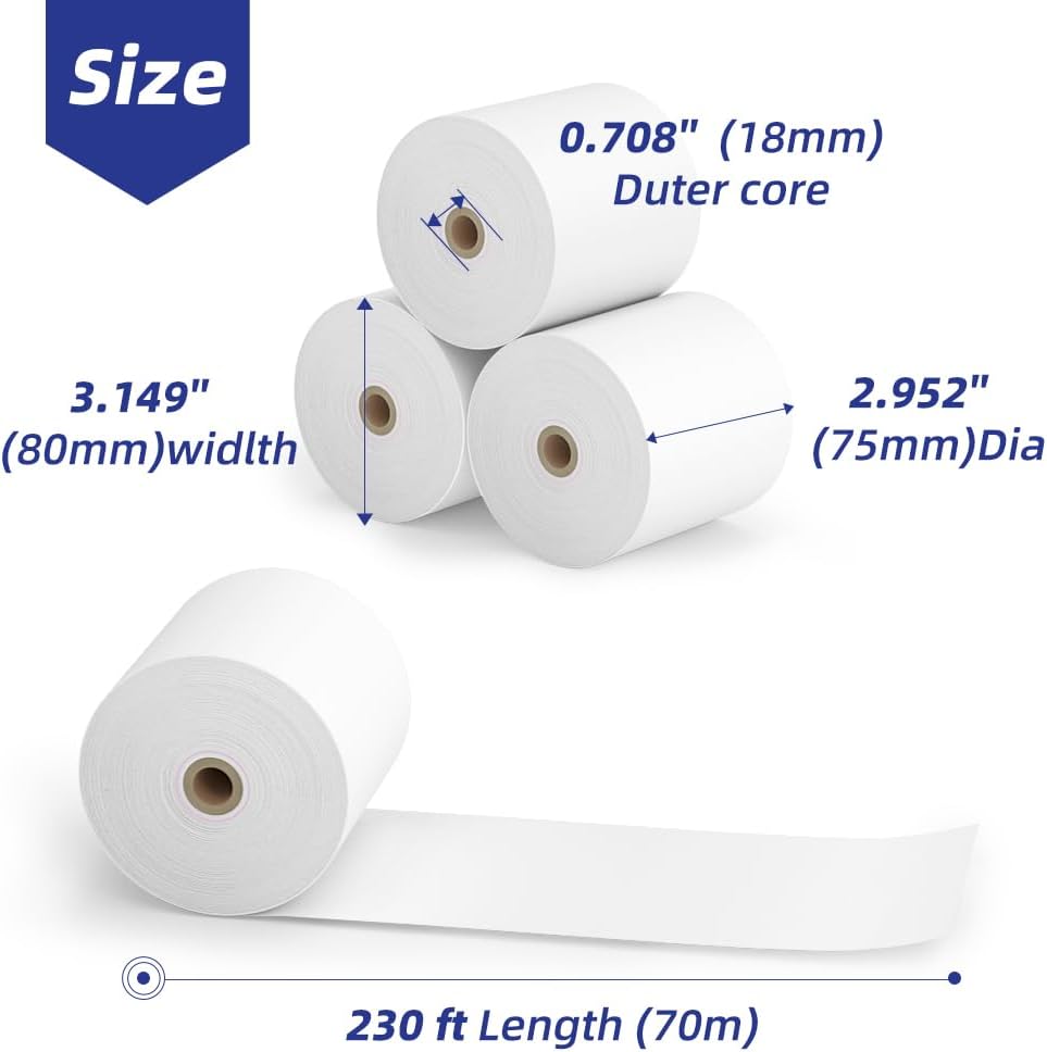 30 Rolls 3 1/8 x 230 Thermal Paper Receipt Rolls 55 GSM Premium Quality Thick paper For POS Cash Register BPA Free-Methdic