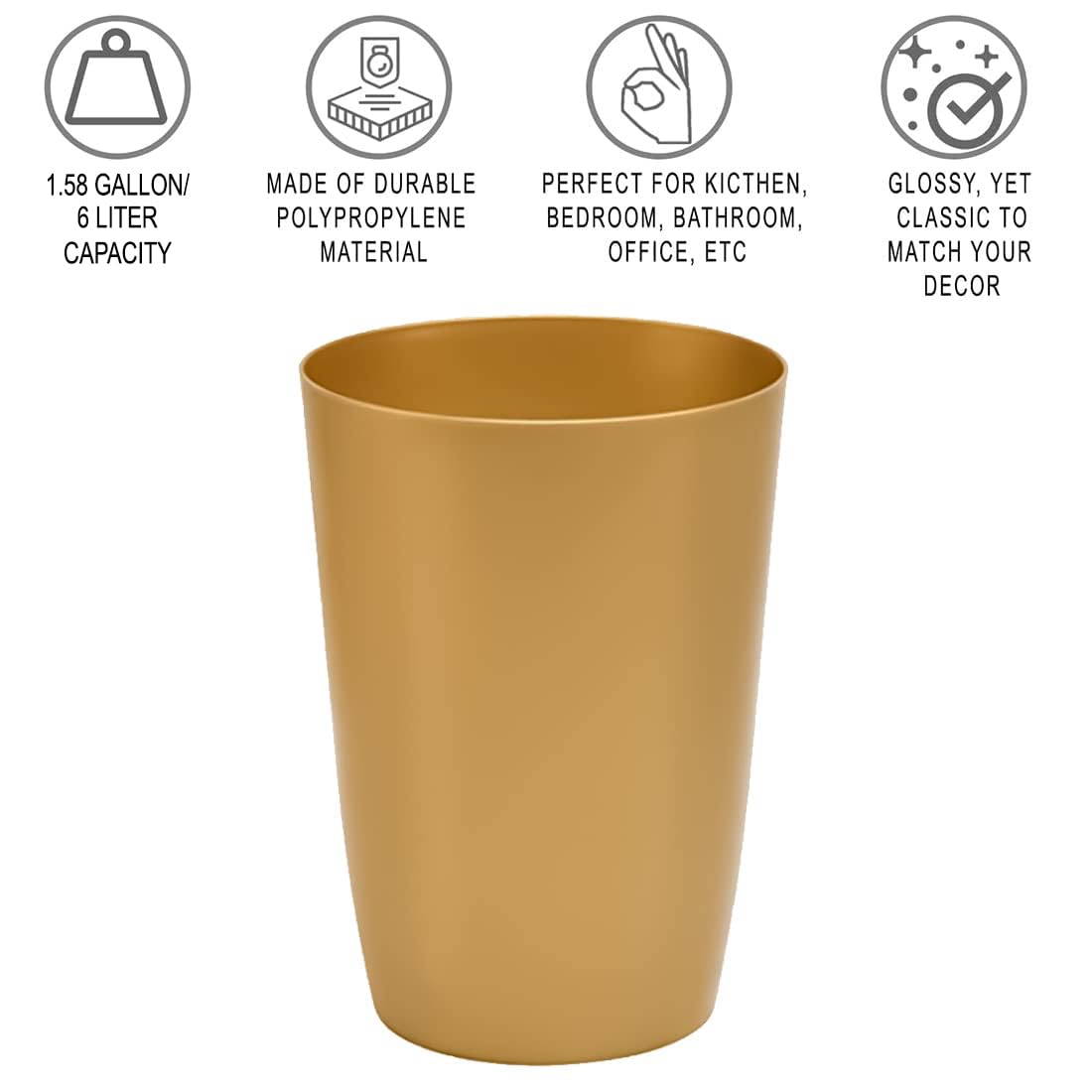 HOLDN’ STORAGE Small Trash Can - 1.58 Gallon Open Top Waste Bin, Compact Waste Can Perfect for Bathroom, Kitchen, Office, Dorm - Durable Garbage Can - Soft Brass