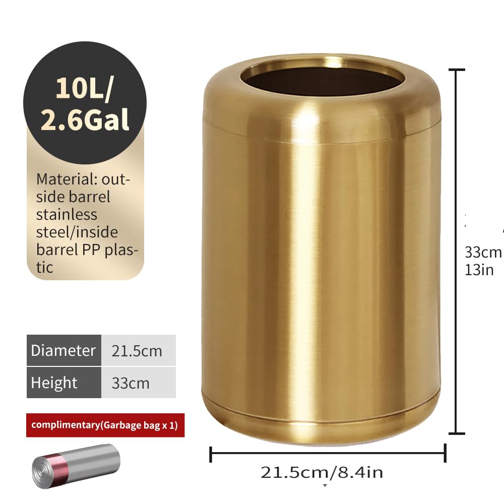 10 L/2.6 Gallon Brass Trash Can, Small Gold Can for Bathroom, Kitchen, Office, Bedroom, Hotel