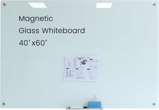 Glass Magnetic White Board – 60 x 40 Inches Dry Erase Glass Whiteboard for Wall, Large Wall Mounted Glass Board for School, Office and Home