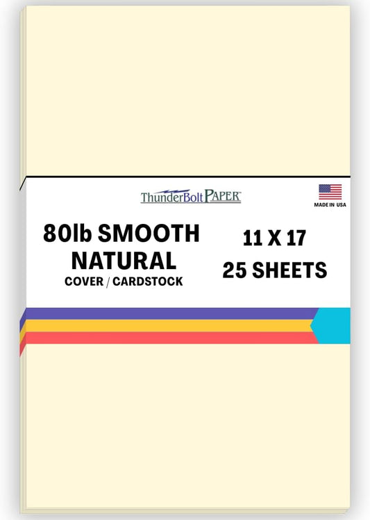 25 Natural Smooth Card Stock Sheets Paper - 11 X 17 Inches Tabloid|Ledger|Booklet Size - 80# (80 lb/Pound) Cover Weight - Quality Paper - Smooth Finish