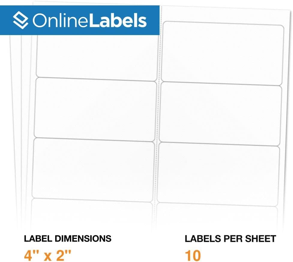 4 x 2 Rectangle Mailing Labels - Permanent, White Matte - Address, Shipping, Gift - Pack of 1,000-100 Sheets - Inkjet/Laser Printers - Online Labels