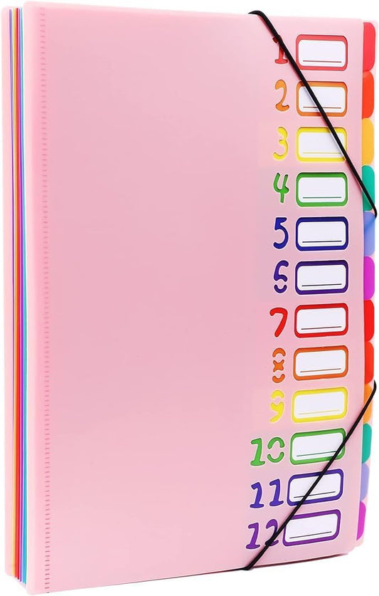 24 Clear Pocket Expanding File Folder with 12 Colored Tabs,Durable A4 Letter Size Organizer,Holds 300 Sheets, Project File Organizer, Numbered Index on Cover,Water-Resistant (Pink)