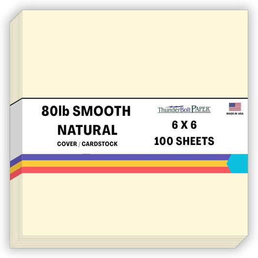 100 Natural Smooth Card Stock Sheets Paper - 6 X 6 Inches Square Scrapbook Album Size - 80# (80 lb/pound) Cover Weight - Quality Paper - Smooth Finish