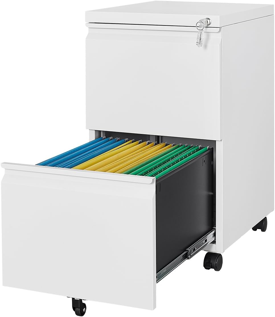 2 Drawers Vertical File Cabinet - Fully Assembled White Under Desk Mobile Filling Cabinet Small Lockable Home Office File Cabinets for A4/Letter/Legal Size