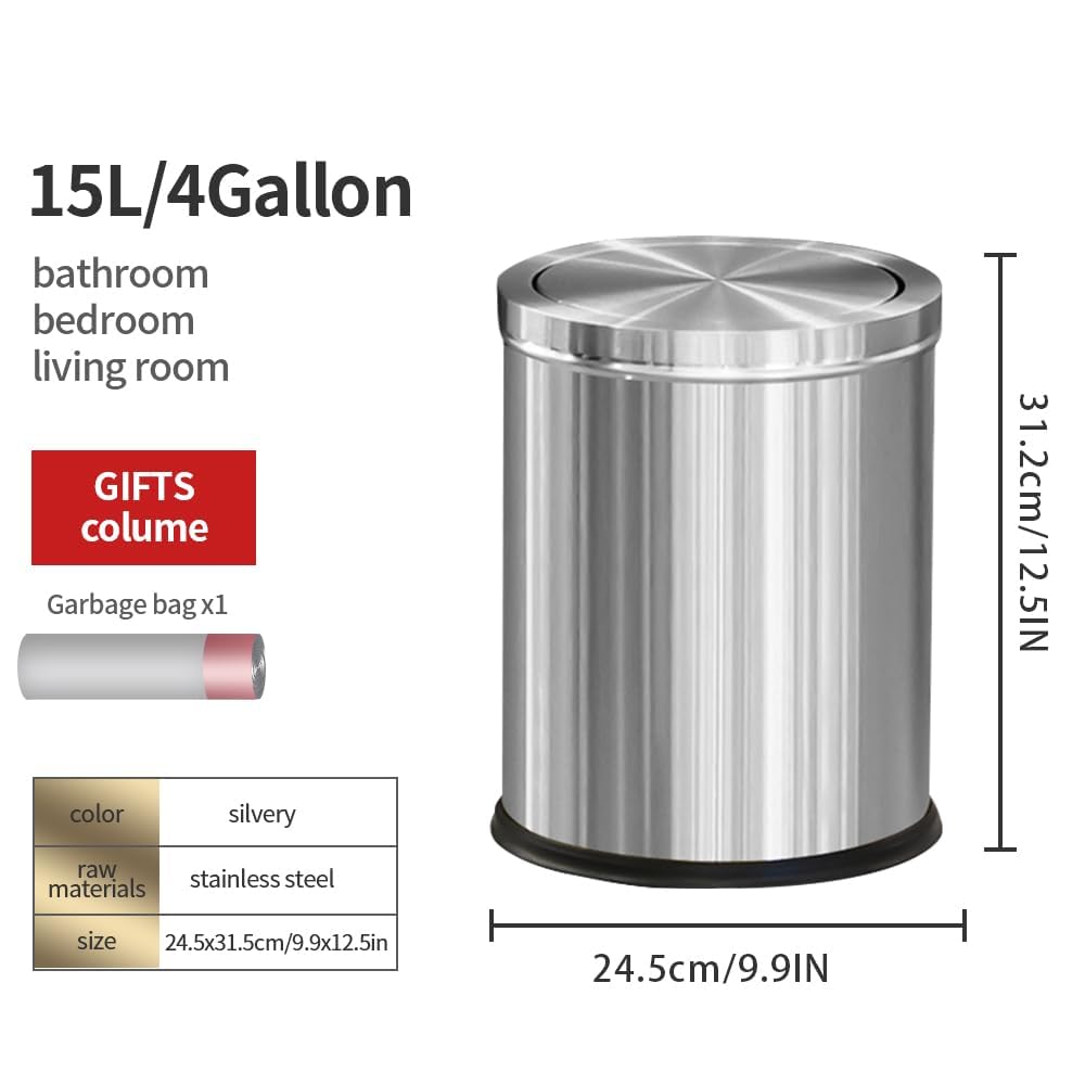 15L/4GAL Silver Stainless Steel Bathroom Garbage can, Bathroom Trash Can with Flipping Lid，Brushed Nickel Gaebage Can for Bedroom,Living Room,Office,Hotel,Shop,Restaurant (15L-Silver)