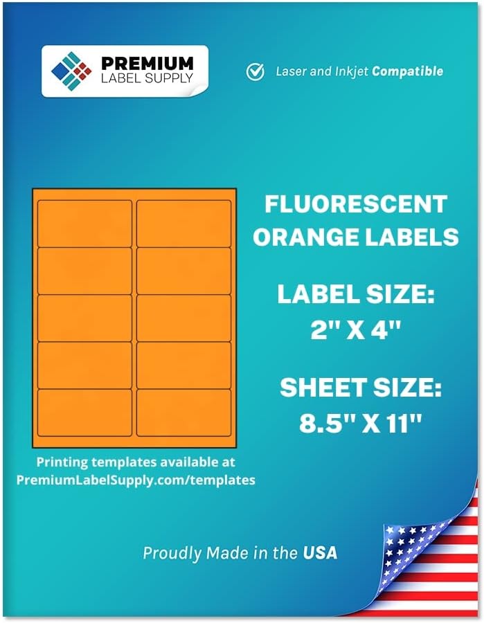 Premium Label Supply Bright Neon Color Fluorescent Stickers - 2" x 4" Labels - (Orange Fluorescent, 250 Labels)