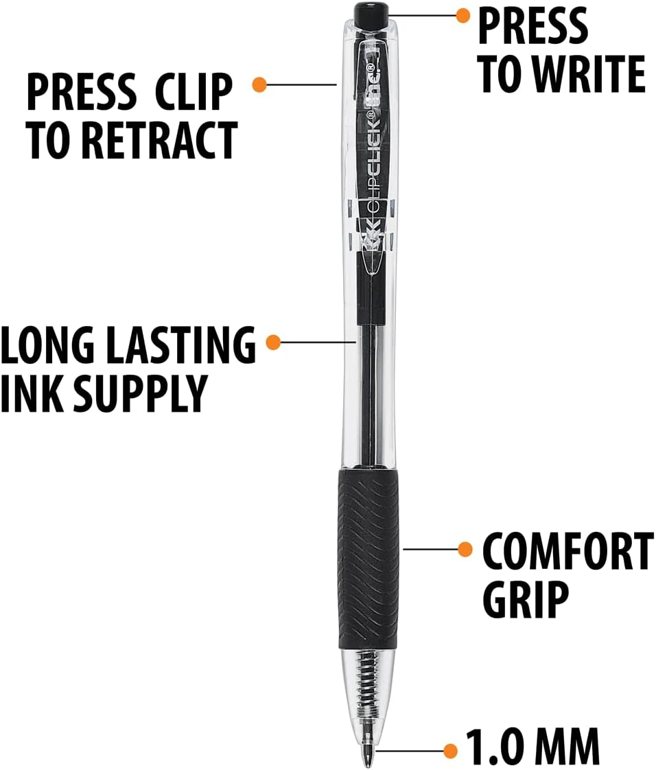 Inc. ClipClicks Retractable Ballpoint Pens - Bulk 1.0-mm Medium-Point Pen Set With Comfort Grip for School, Office, Writing, and Journaling, 75 Count, Black