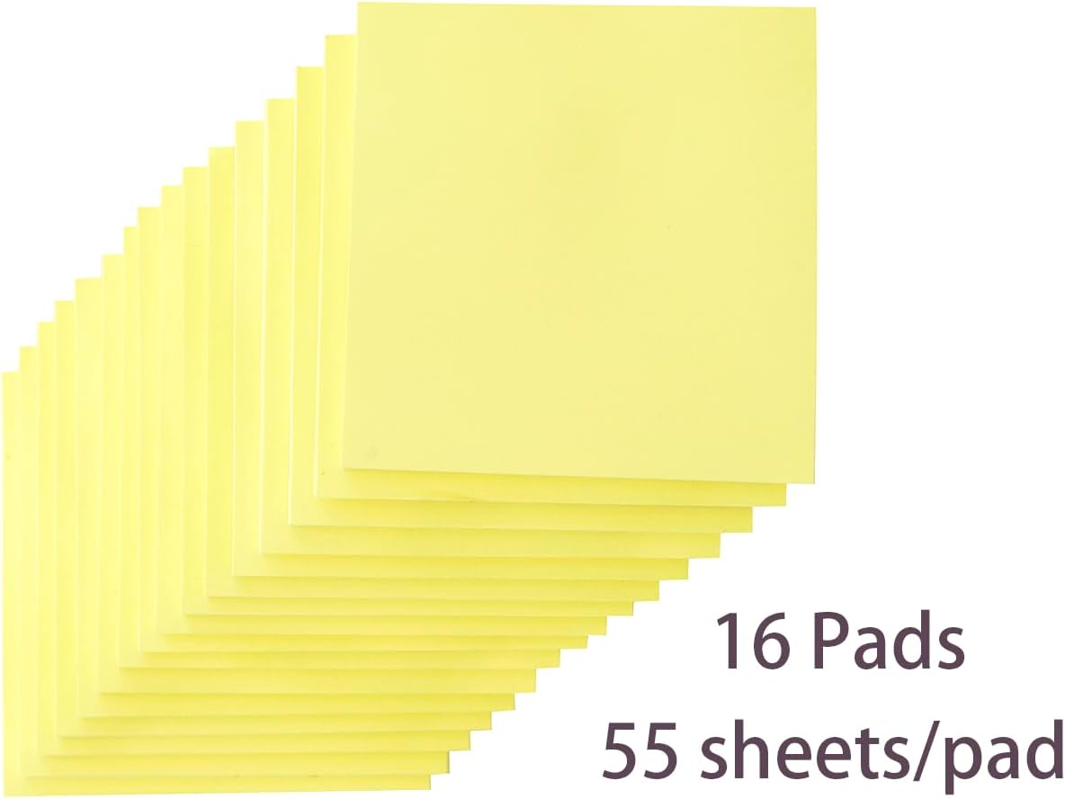 (16 Pack) Sticky Notes 3x3 in Yellow, Sticky Pads, Recyclable, Self-Stick Pads, Easy to Stick for Home, Office, Notebook