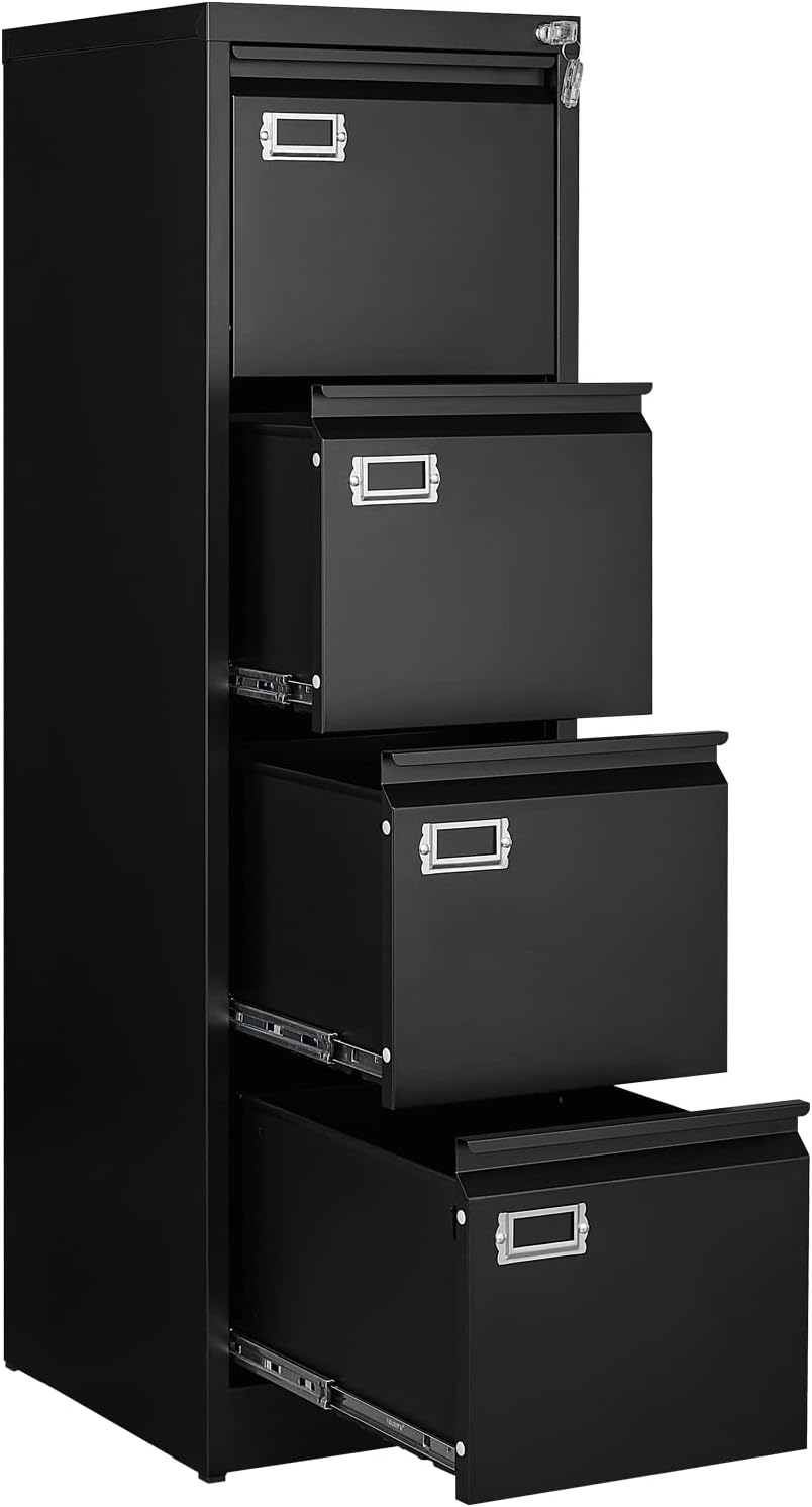 4 Drawer File Cabinet, Filing Cabinets for Home Office, Metal Vertical File Storage Cabinet with Lock, Locking File Cabinet for A4 Legal/Letter, 15" W x 17.7" D x 50.1" H, Assembly Required