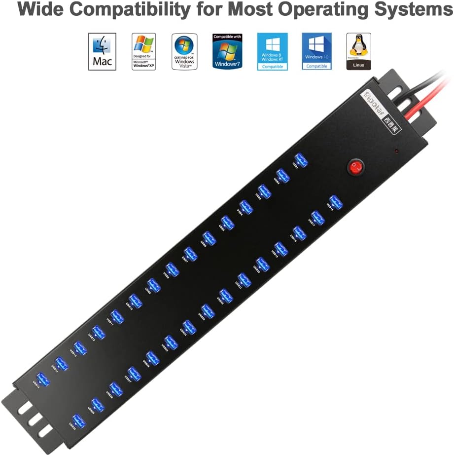 Industrial USB 2.0 Hub 30 Ports with 300W Power Supply Wall Mountable Support Refurbishing and Brush, Batch Data Transfer