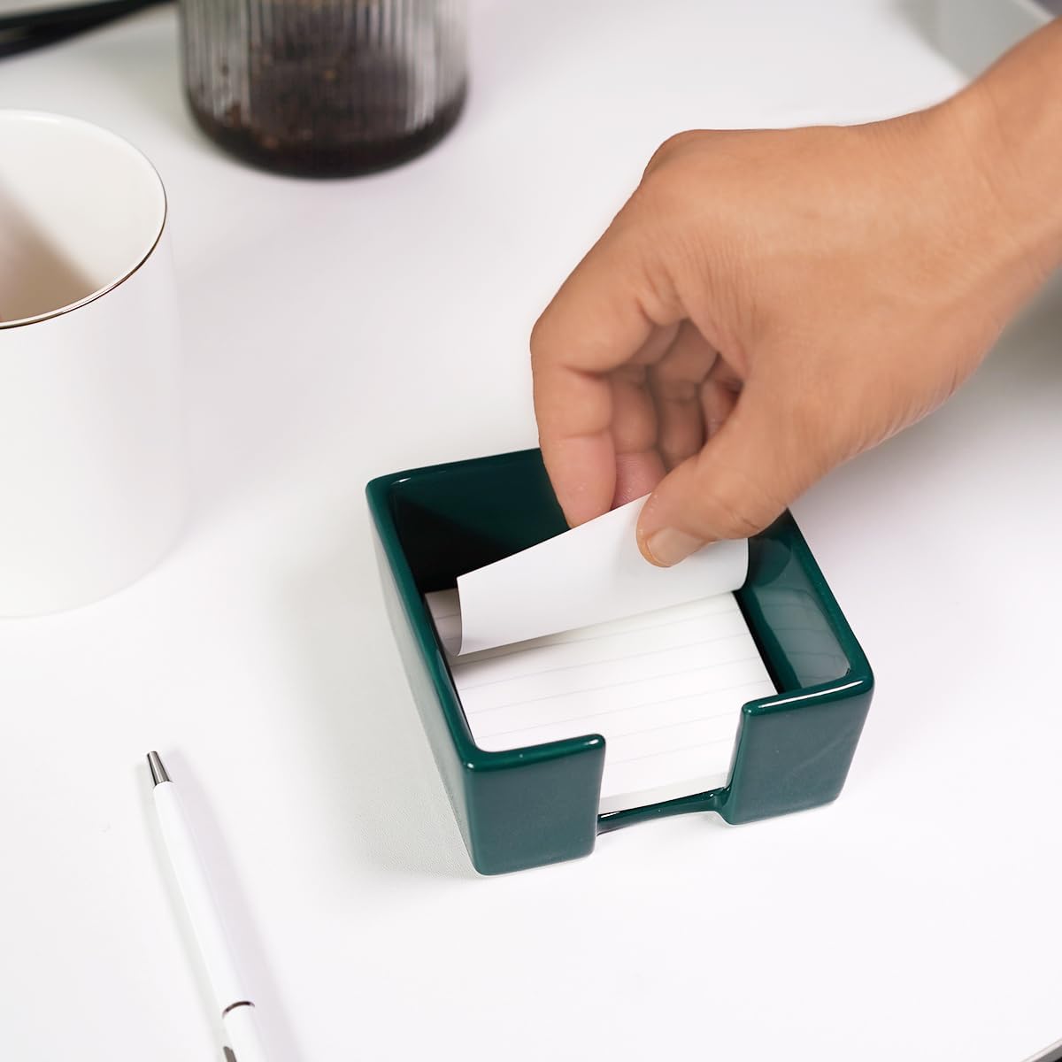 Ceramic Sticky Note Holder, 3 x 3" Sticky Note Dispenser, Notepad Holder for Desk, Office Essentials Organizer (Green)