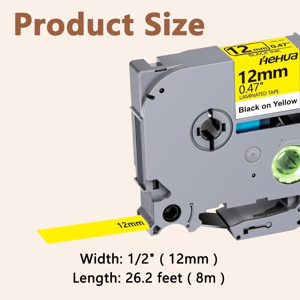 Hehua Tape Tze Tz 12mm 0.47 Black on Yellow Laminated Compatible for Brother TZe-631, TZe631 TZ-631 Label Maker Tape Compatible for Brother Ptouch Tape 12mm 0.47 Yellow for PT-D200, 3 Pack