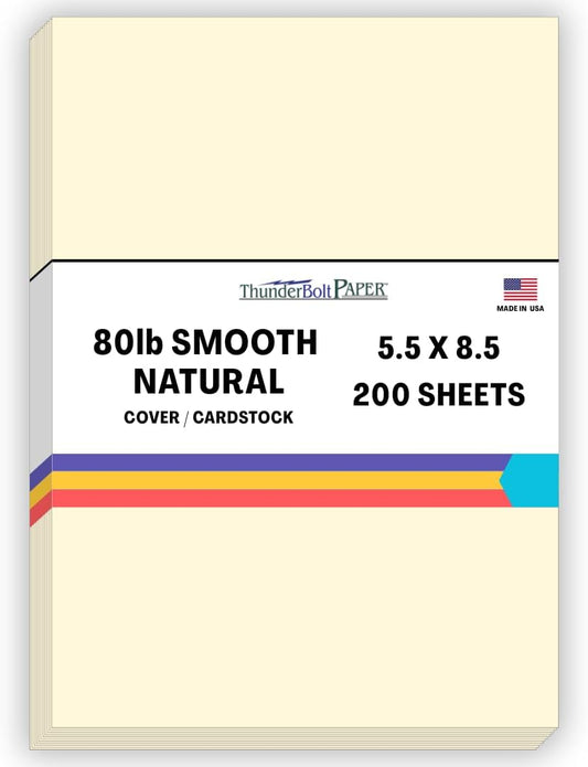200 Natural Smooth Card Stock Sheets Paper - 5.5 X 8.5 Inches Half Letter | Statement Size - 80# (80 lb/Pound) Cover Weight - Quality Paper - Smooth Finish