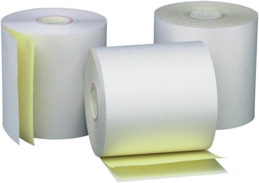 (50 Rolls) 3'' x 95' White/Canary 2 Ply Carbonless Kitchen Printer Paper Cash Register Receipt Rolls for SP2000, UP389, 480, 220, 250, 900, 07901, 07706