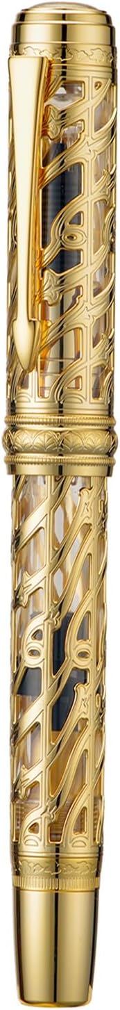 Hongdian A6 Piston Fountain Pen Extra Fine Soft Nib, Golden Hollow Skeleton & Transparent Resin Pen with Metal Case Set