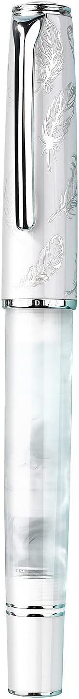 Hongdian N8 White Acrylic Resin Fountain Pen, Long Blade Fine Nib Silver Plated Feather Carving Cap Smooth Writing Pen with Converter and Metal Pen Box Set