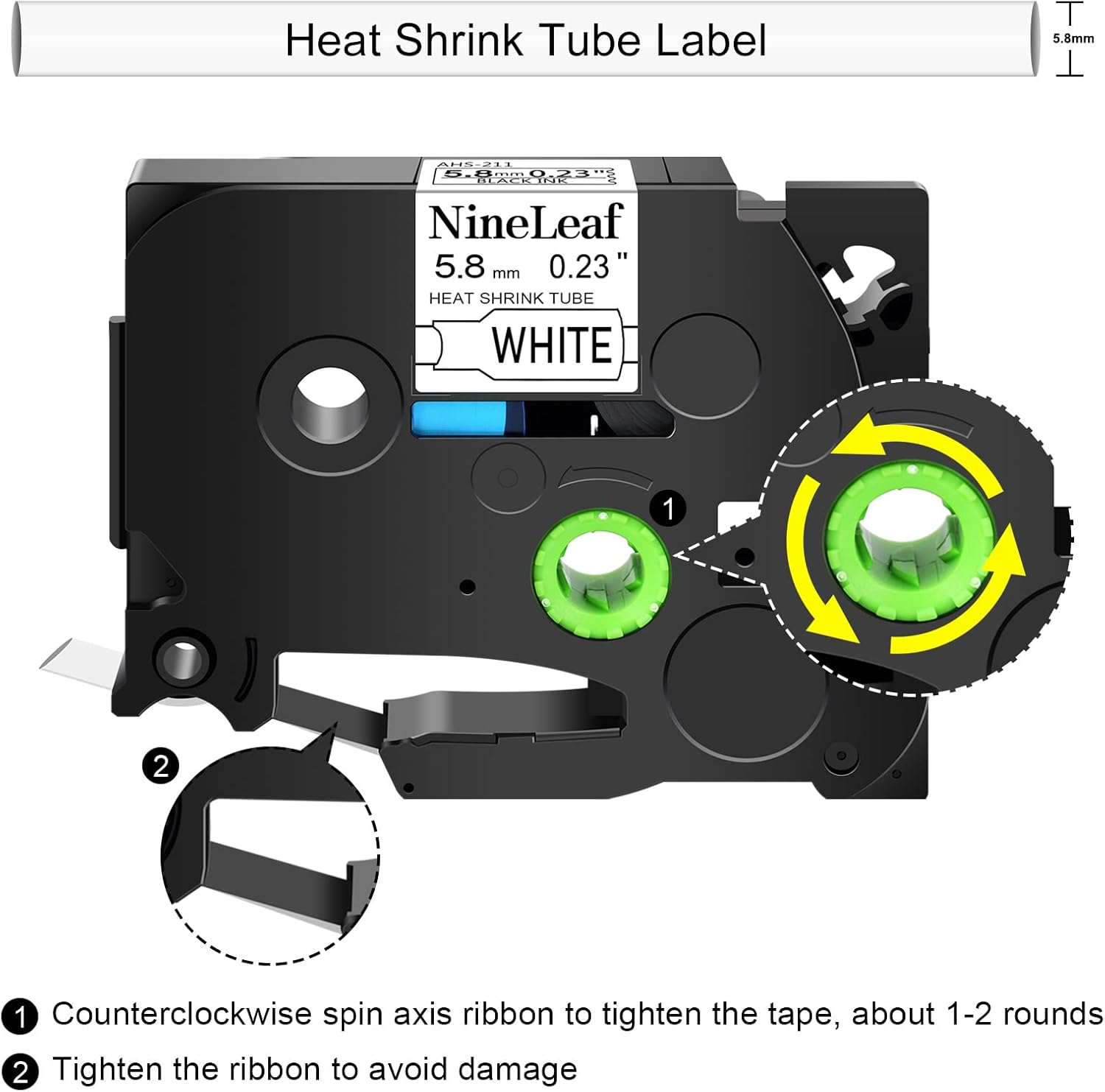 NineLeaf 2 Roll Black on White Heat Shrink Tubes Label Tape Compatible for Brother HSe-211 HSe211 HS211 HS-211 for P-Touch PT-7600 PT-D800W PT-H500 Label Maker - 5.8mm (0.23inch) x 1.5m (4.92ft)