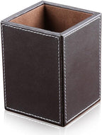 KINGFOM 3PCS/SET Desk Organizers and Accessories, Pu Leather Office Supplies Organization Set with Tissue Holder, Pencil Holder and Business Name Cards Stand Brown