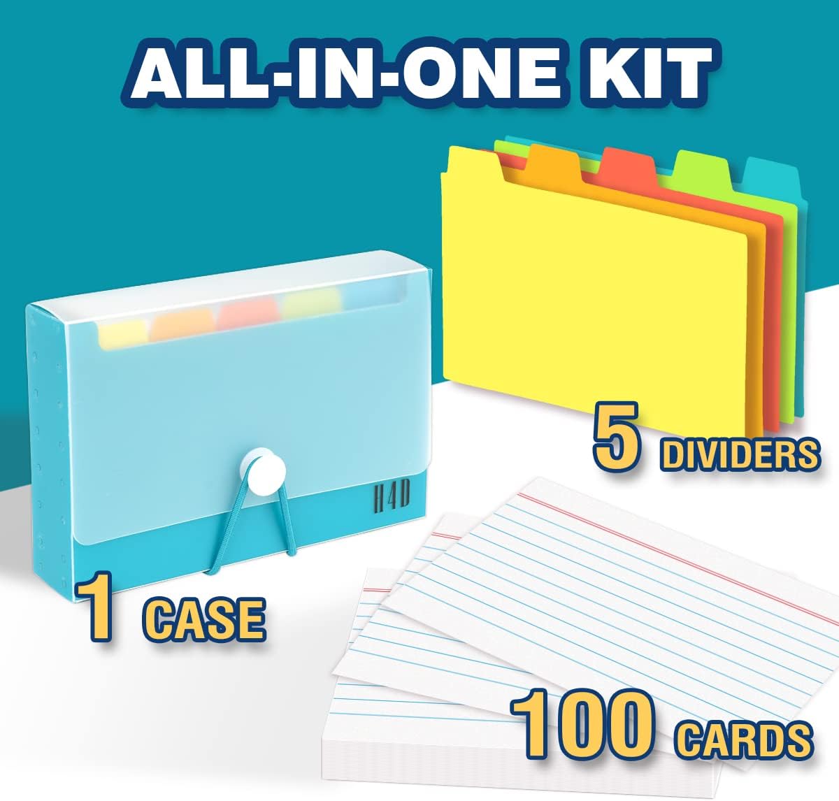 H4D 3x5 Index Card Case with 100 Heavyweight Ruled Index Cards and Dividers, Teal