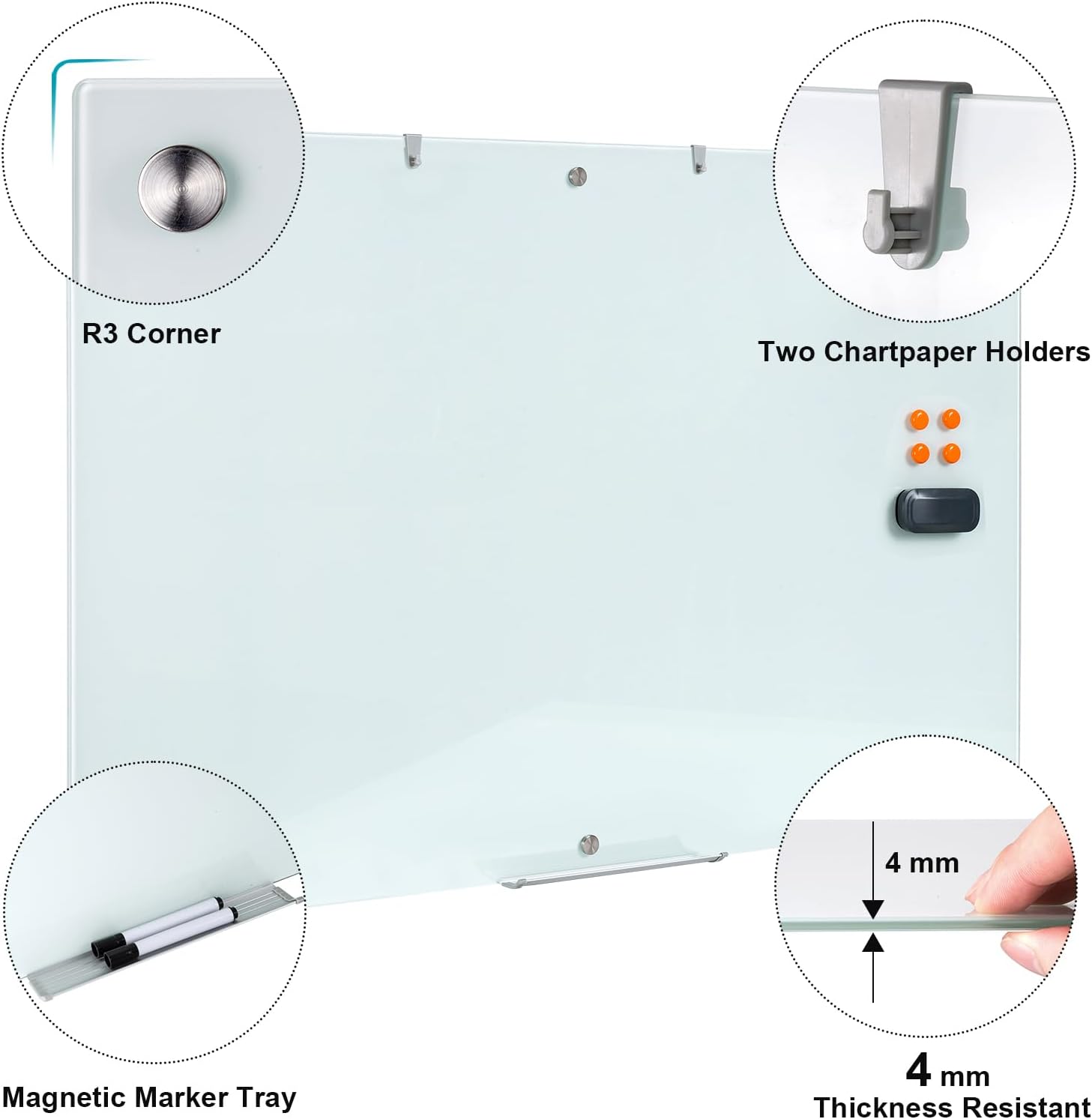 Large Glass Dry Erase Board, 72 x 48 Inches Magnetic Glass Whiteboard for Wall, 6' x 4' Frameless Board for Office, Home, School